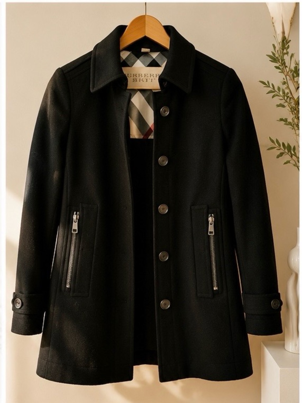 Burberry Black Wool Blend Pea Coat with Signature Check Trim